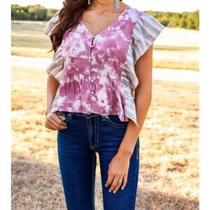 Grace & Emma Blouse Size 2XL Pink Tie Dye Ruffled Fairycore Hippie Western Boho